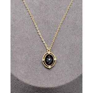 1928 Faux Onyx Pendant Necklace Vintage Carved Flower Rhinestone Accents 16"